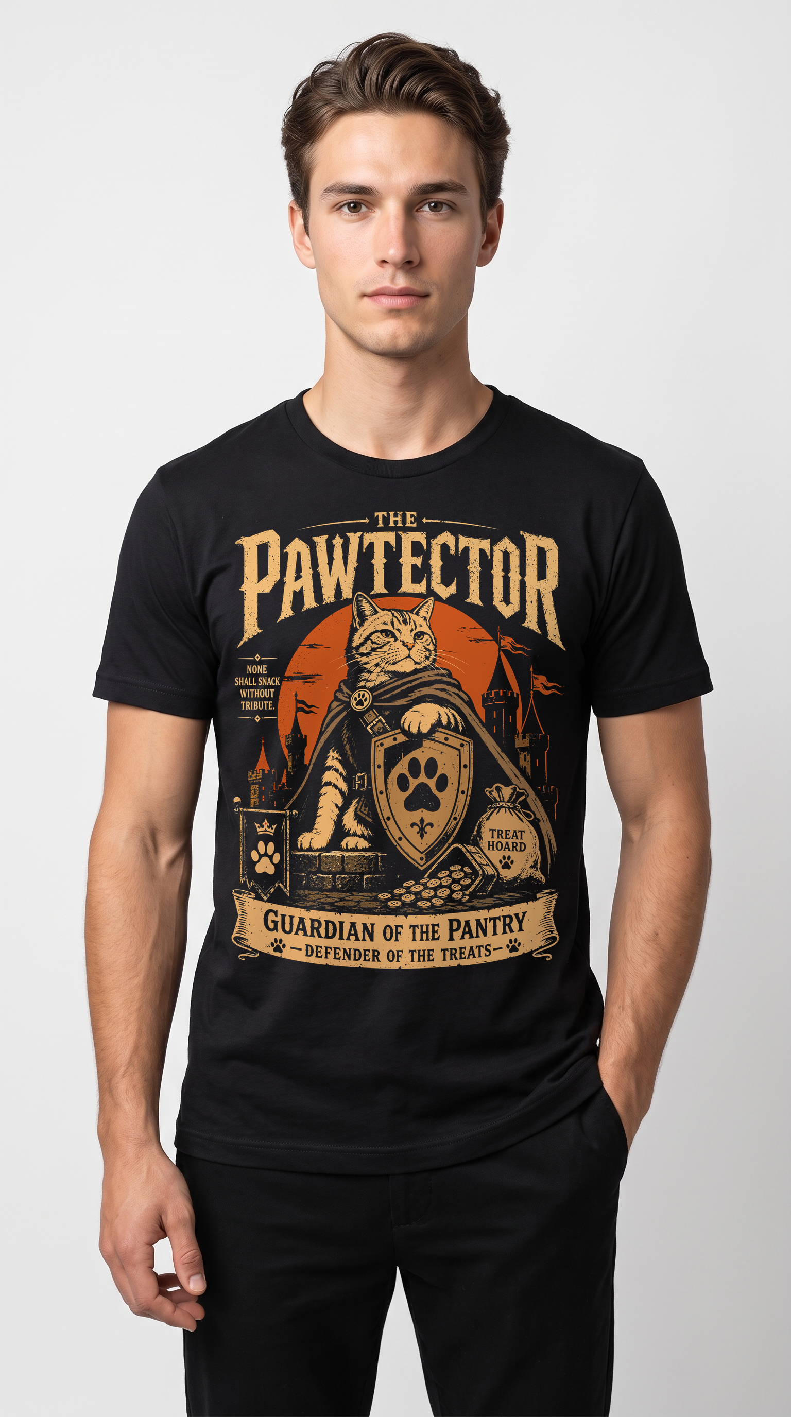 Male model wearing The Pawtector Cat T-Shirt in black