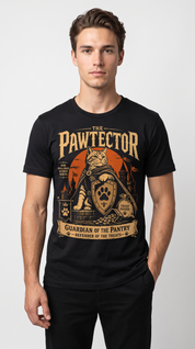 Male model wearing The Pawtector Cat T-Shirt in black