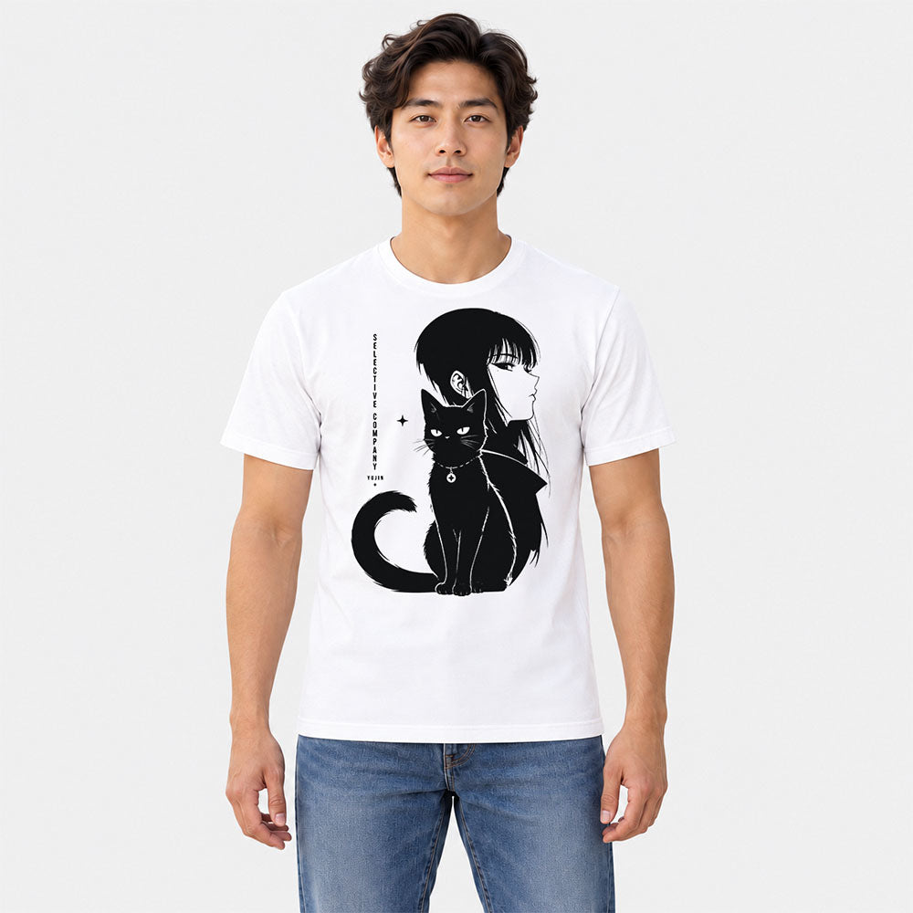Selective Company Cat T-Shirt in White on a male model, studio front view
