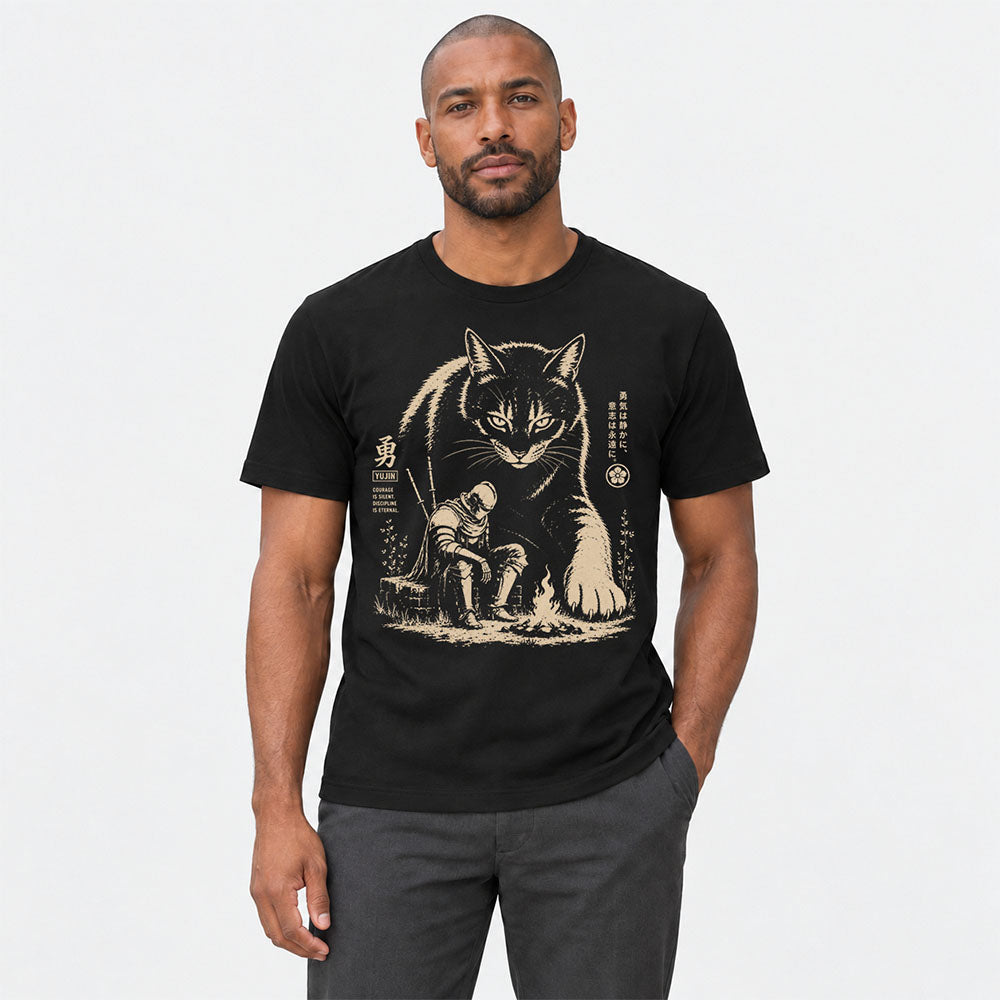 Silent Courage Cat T-Shirt in Black on a male model, studio front view