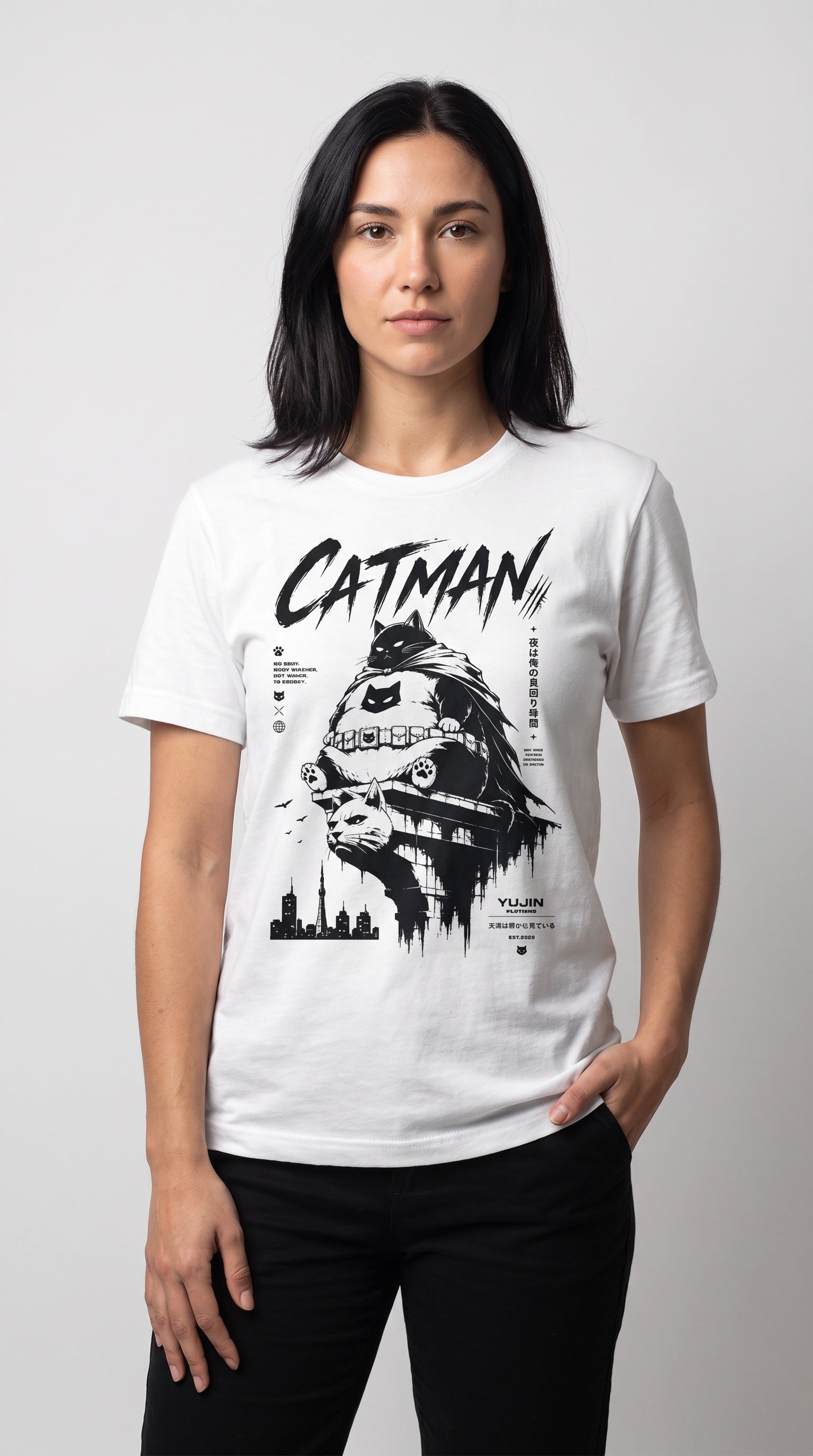 Catman Night Watch Cat T-Shirt - White female lifestyle