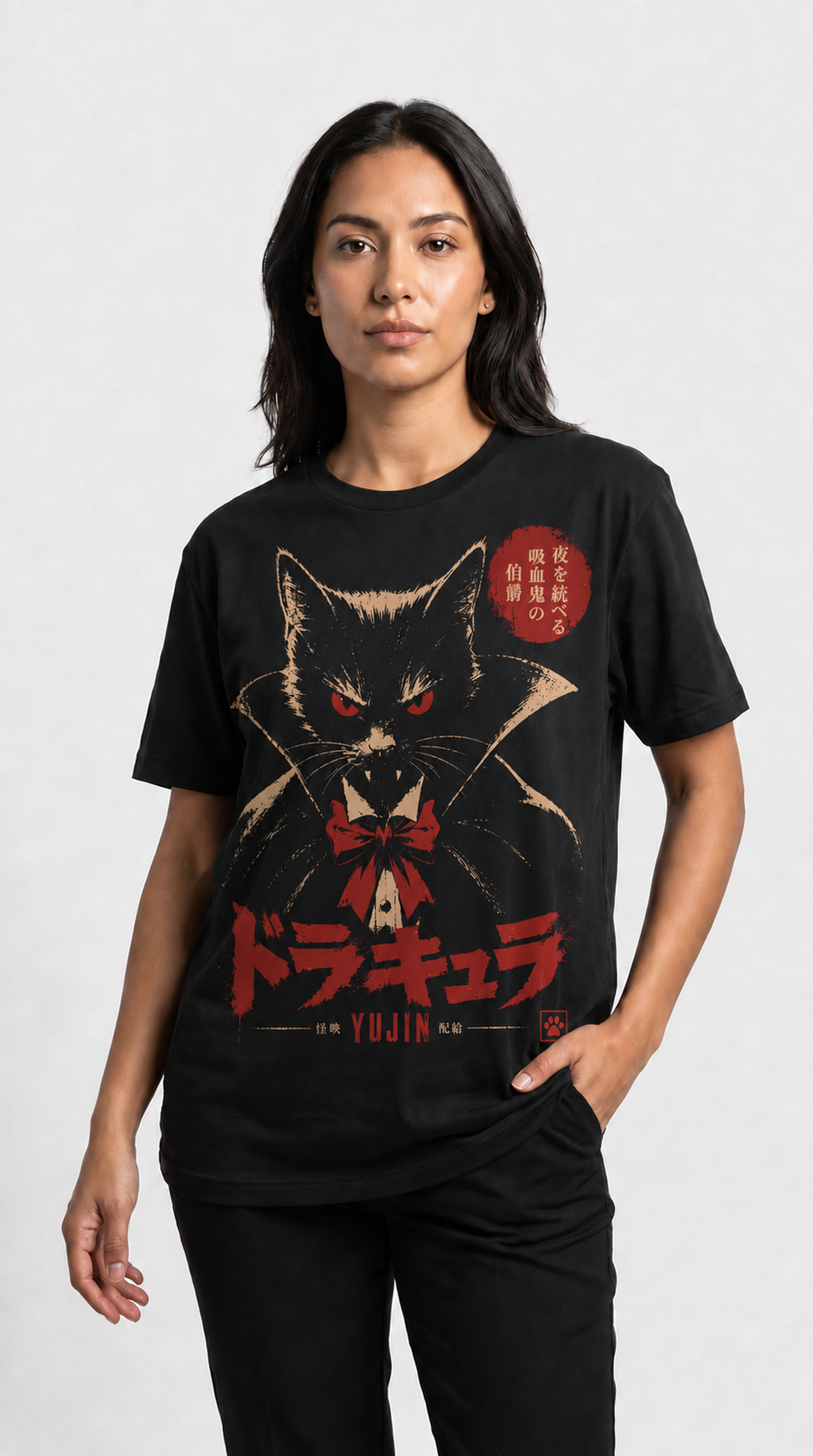 Female model wearing the Count Catcula Vampire Cat T-Shirt in Black