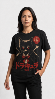 Female model wearing the Count Catcula Vampire Cat T-Shirt in Black