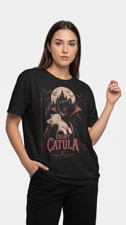 Female model wearing the Count Catula Cat T-Shirt in Black