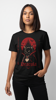 Female model wearing the Dracula The Curse Cat T-Shirt in Black