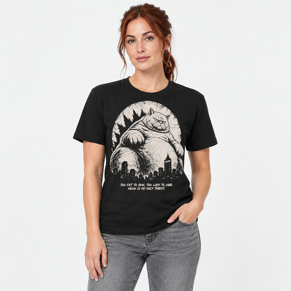 Female model wearing the Black Lazy Colossus Cat T-Shirt, front view