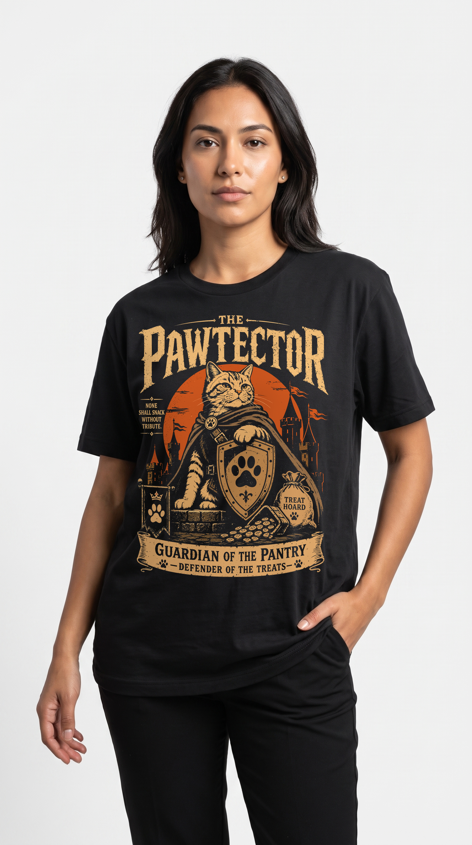 Female model wearing The Pawtector Cat T-Shirt in black