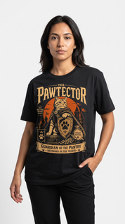 Female model wearing The Pawtector Cat T-Shirt in black