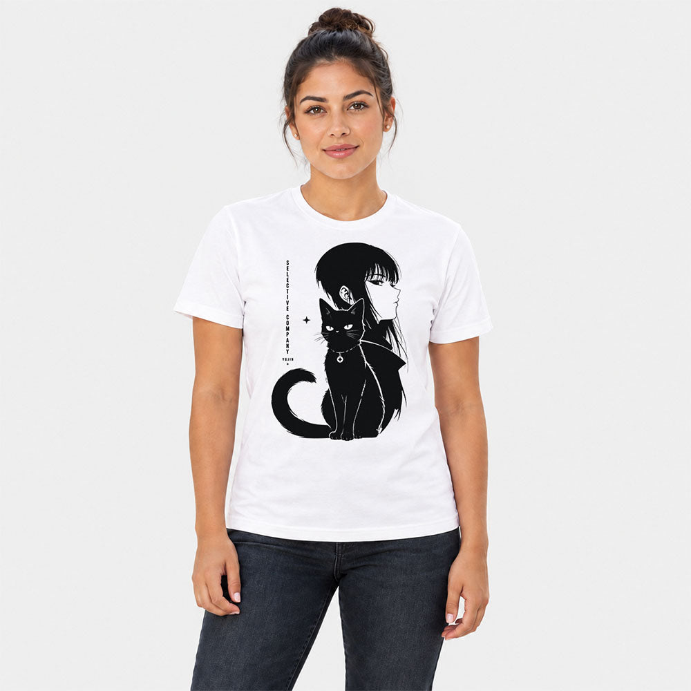 Selective Company Cat T-Shirt in White on a female model, studio front view