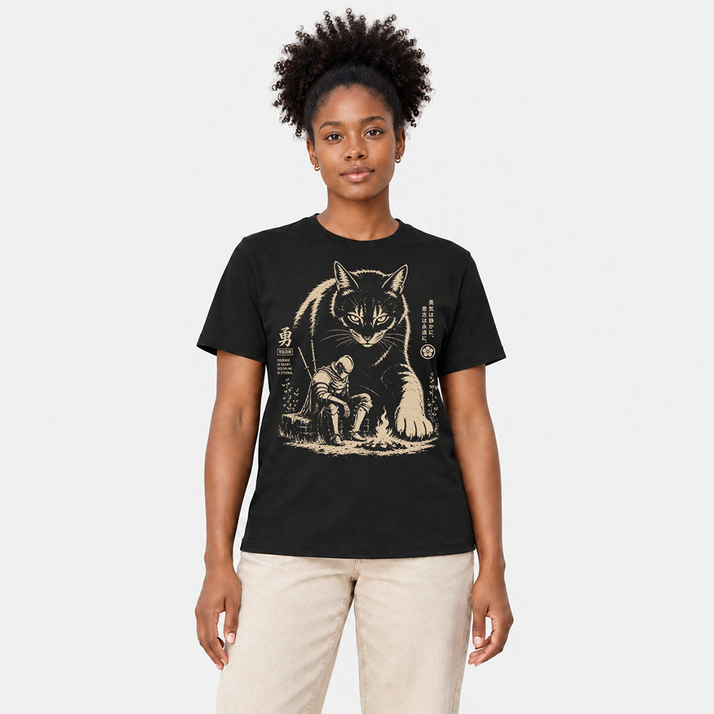Silent Courage Cat T-Shirt in Black on a female model, studio front view