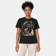 Silent Courage Cat T-Shirt in Black on a female model, studio front view