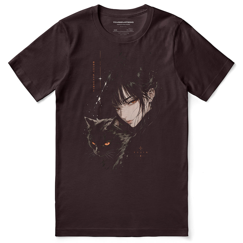 Eternal Silence Cat T-Shirt in Oxblood Black, front flat lay