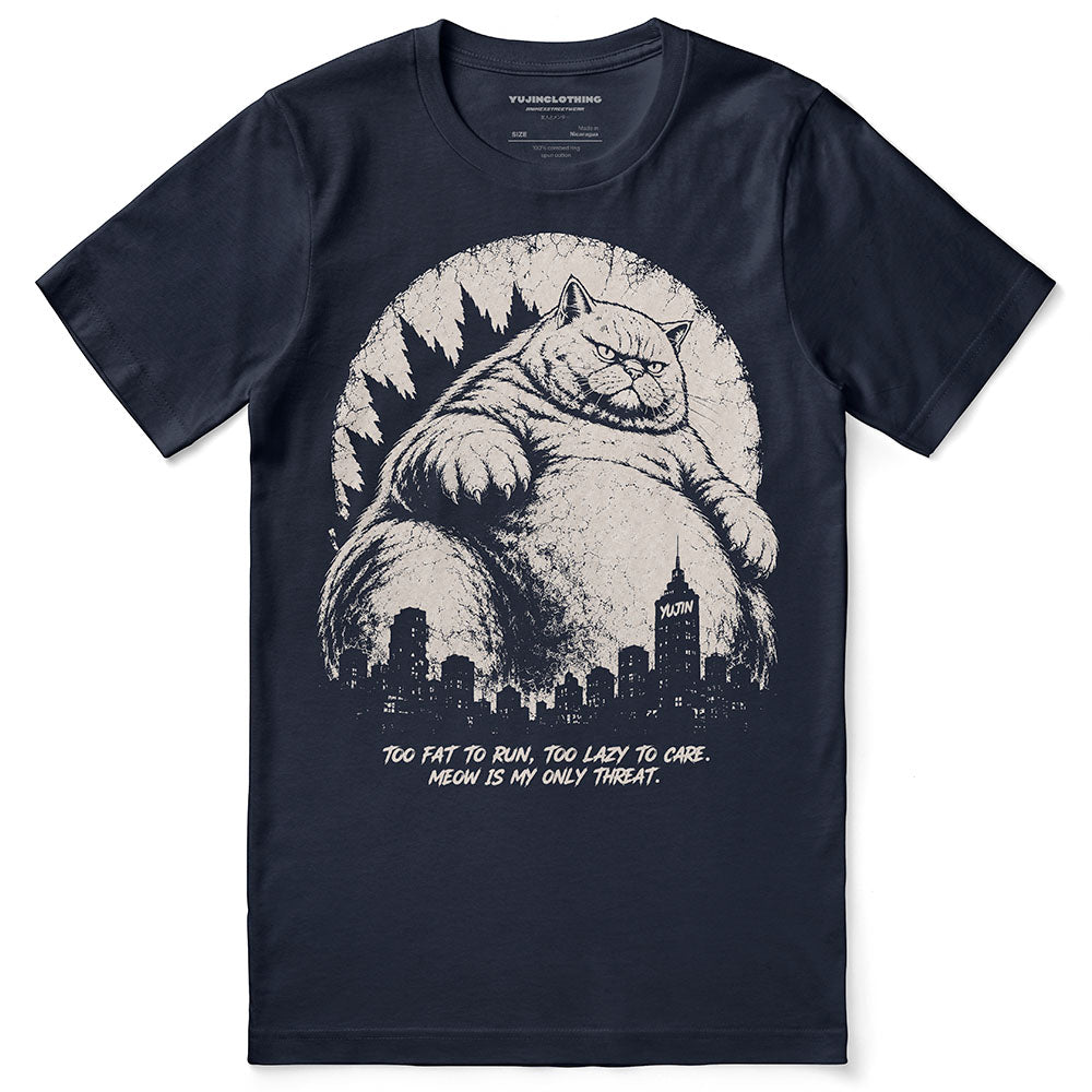 Lazy Colossus Cat T-Shirt in Navy, front flat lay with giant cat and city artwork