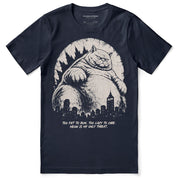 Lazy Colossus Cat T-Shirt in Navy, front flat lay with giant cat and city artwork