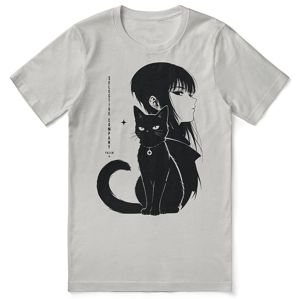 Selective Company Cat T-Shirt in Silver, front flat lay with black cat and manga-style portrait
