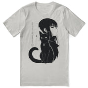 Selective Company Cat T-Shirt in Silver, front flat lay with black cat and manga-style portrait