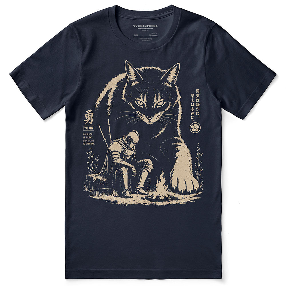 Silent Courage Cat T-Shirt in Navy, front flat lay with giant cat and warrior artwork