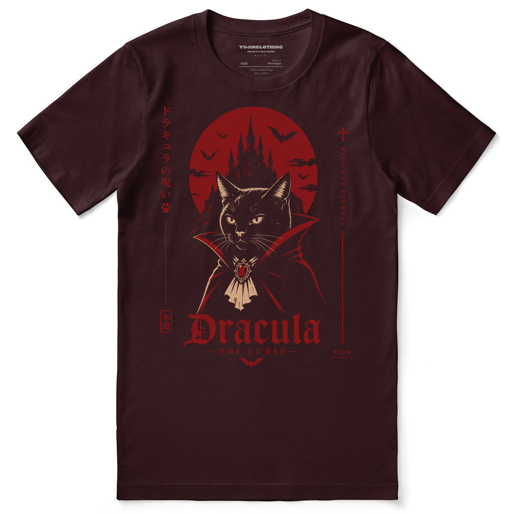 Dracula The Curse Cat T-Shirt in Oxblood Black - front flat lay