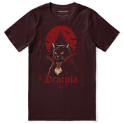 Dracula The Curse Cat T-Shirt in Oxblood Black - front flat lay