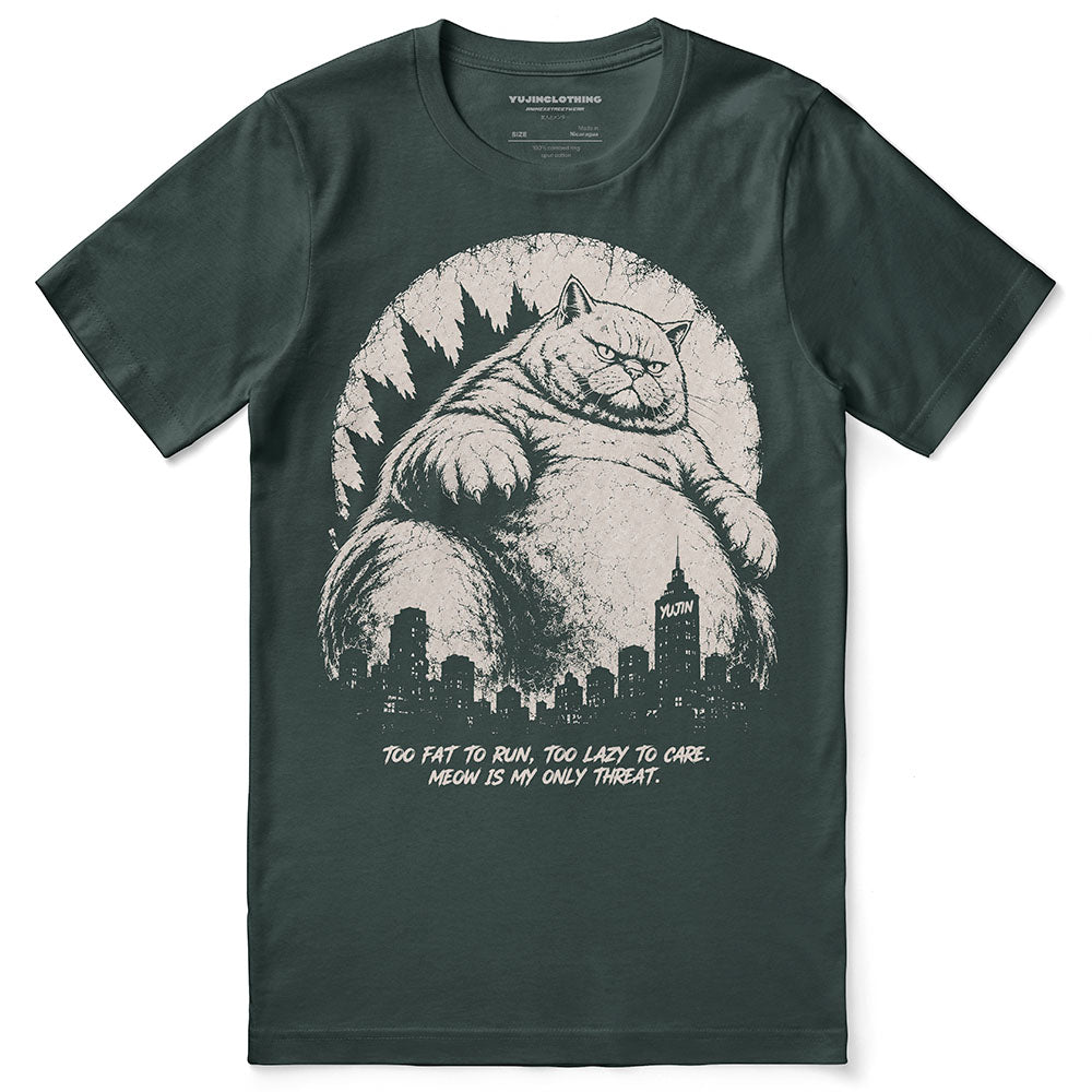 Lazy Colossus Cat T-Shirt in Forest, front flat lay with giant cat and city artwork