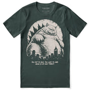 Lazy Colossus Cat T-Shirt in Forest, front flat lay with giant cat and city artwork
