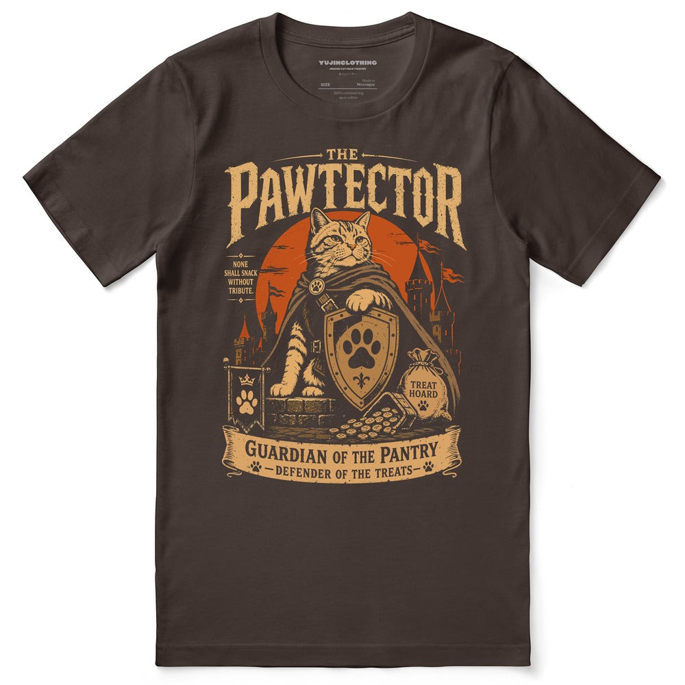 The Pawtector Cat T-Shirt in brown, front flat lay
