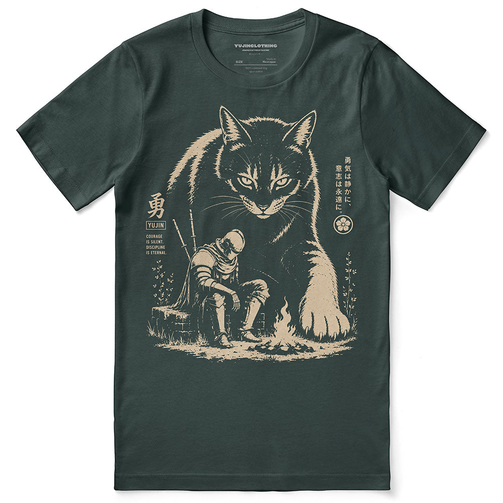 Silent Courage Cat T-Shirt in Forest, front flat lay with giant cat and warrior artwork