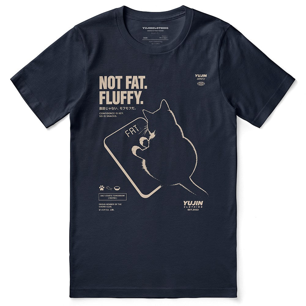 Fluffy Cat T-Shirt — Navy Flat Lay