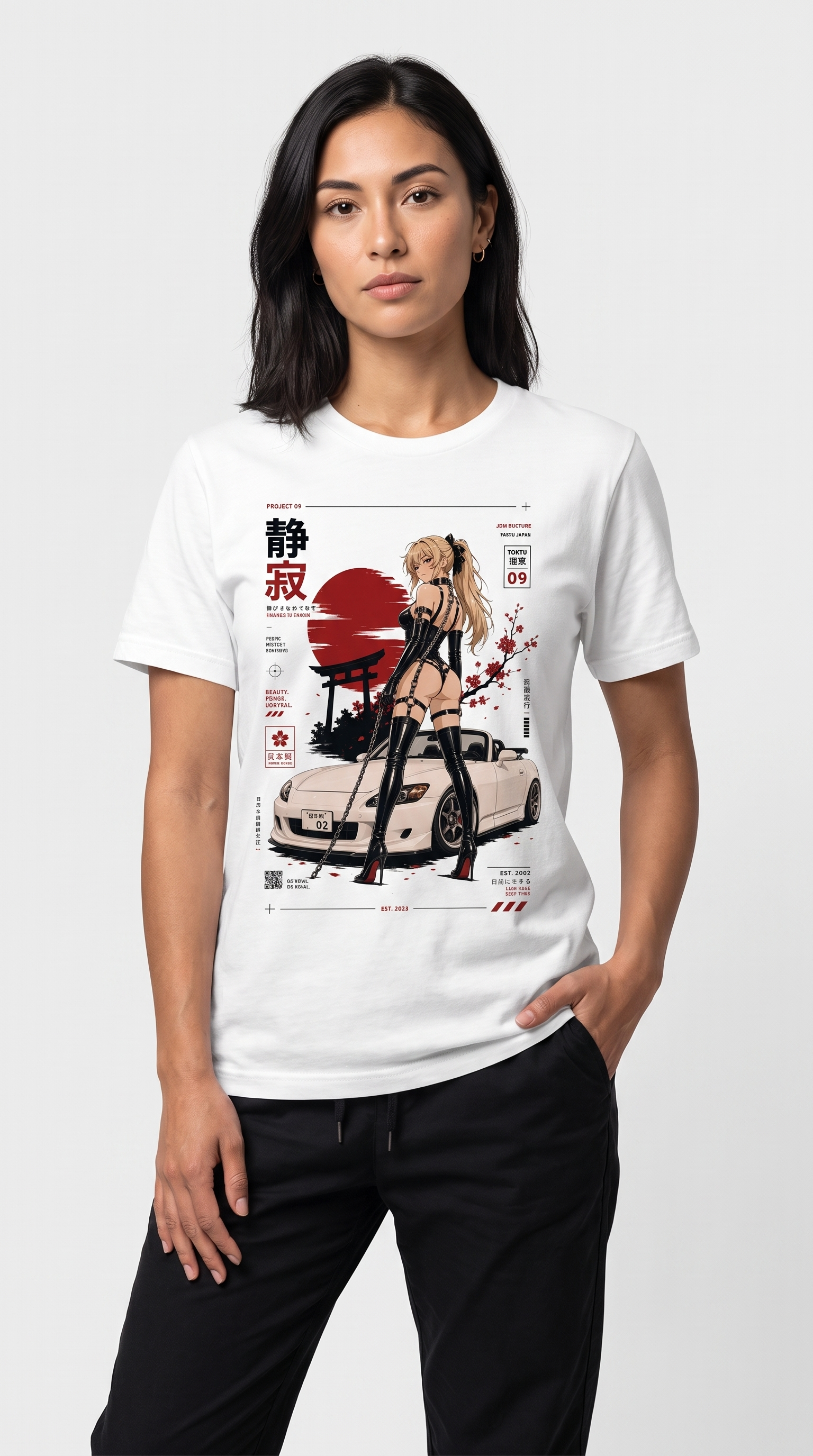Self Control Car T-Shirt - Female lifestyle model