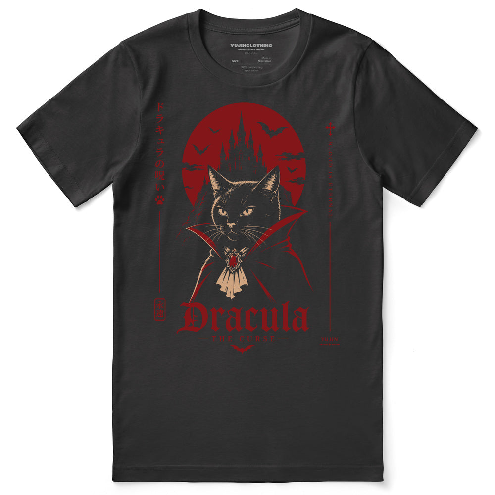 Dracula The Curse Cat T-Shirt in Dark Grey - front flat lay
