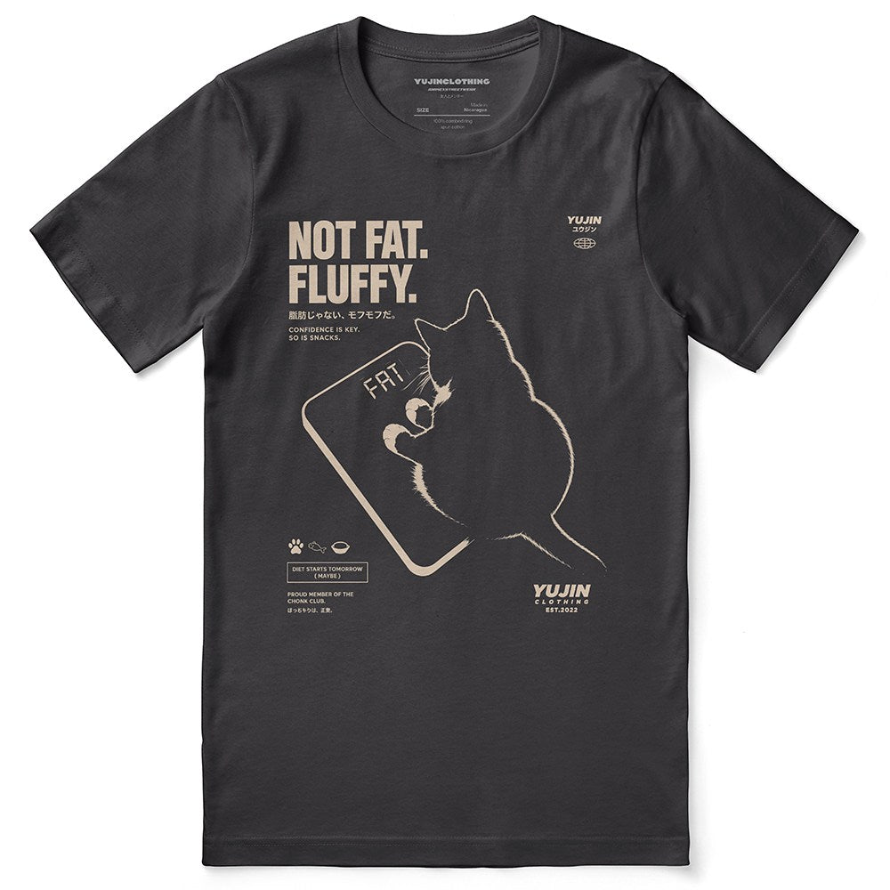 Fluffy Cat T-Shirt — Dark Grey Flat Lay