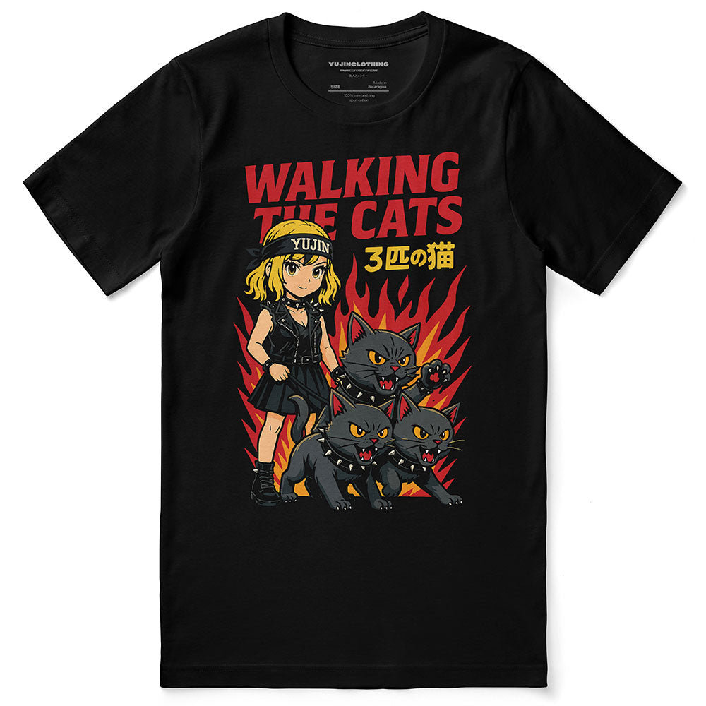 Black t-shirt with a graphic design of a woman and cats, featuring the text 'Walking the Cats' on a white background.