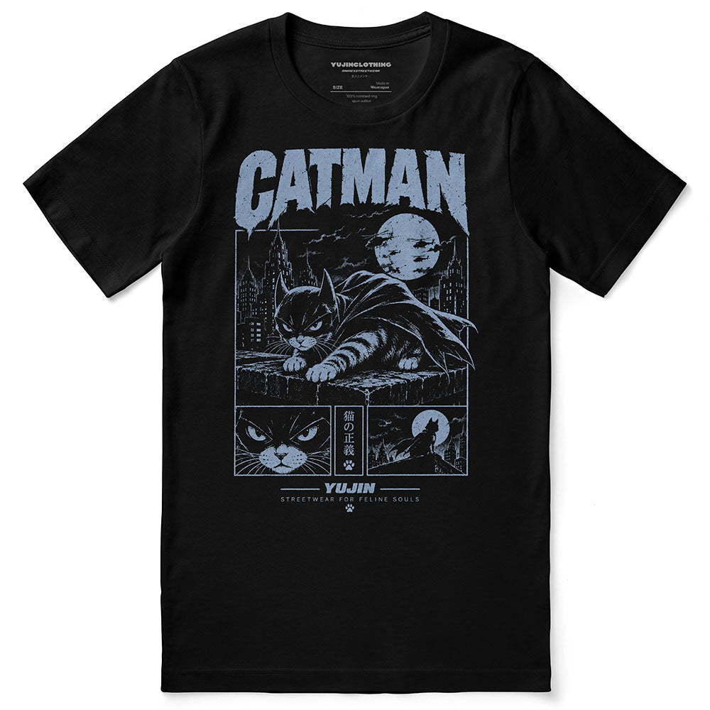 Blue Vigil Cat T-Shirt — Black Flat Lay