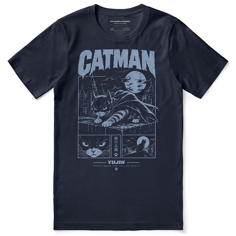 Blue Vigil Cat T-Shirt — Navy Flat Lay