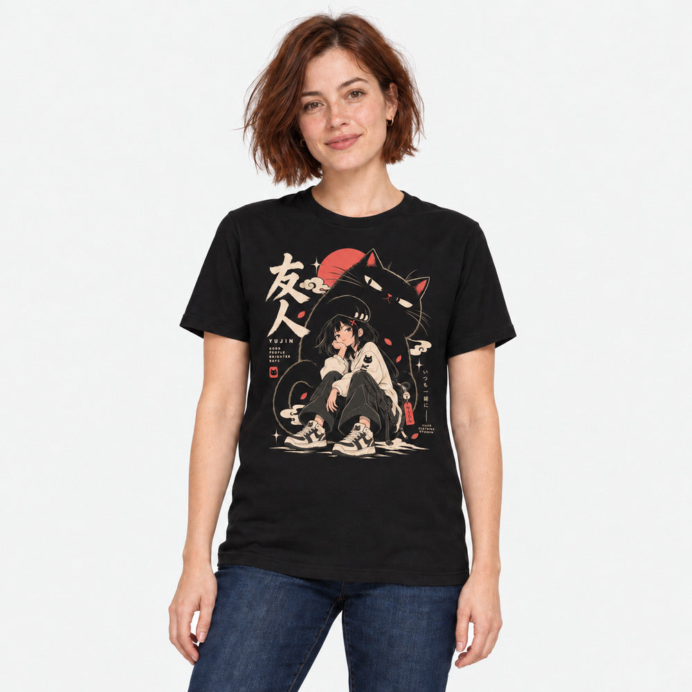 Female model wearing Brighter Days Cat T-Shirt in Black