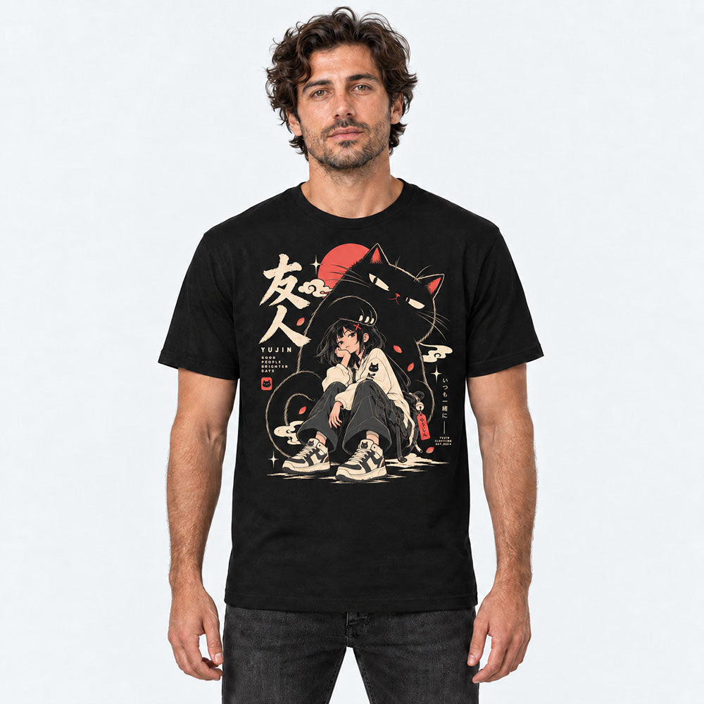 Male model wearing Brighter Days Cat T-Shirt in Black
