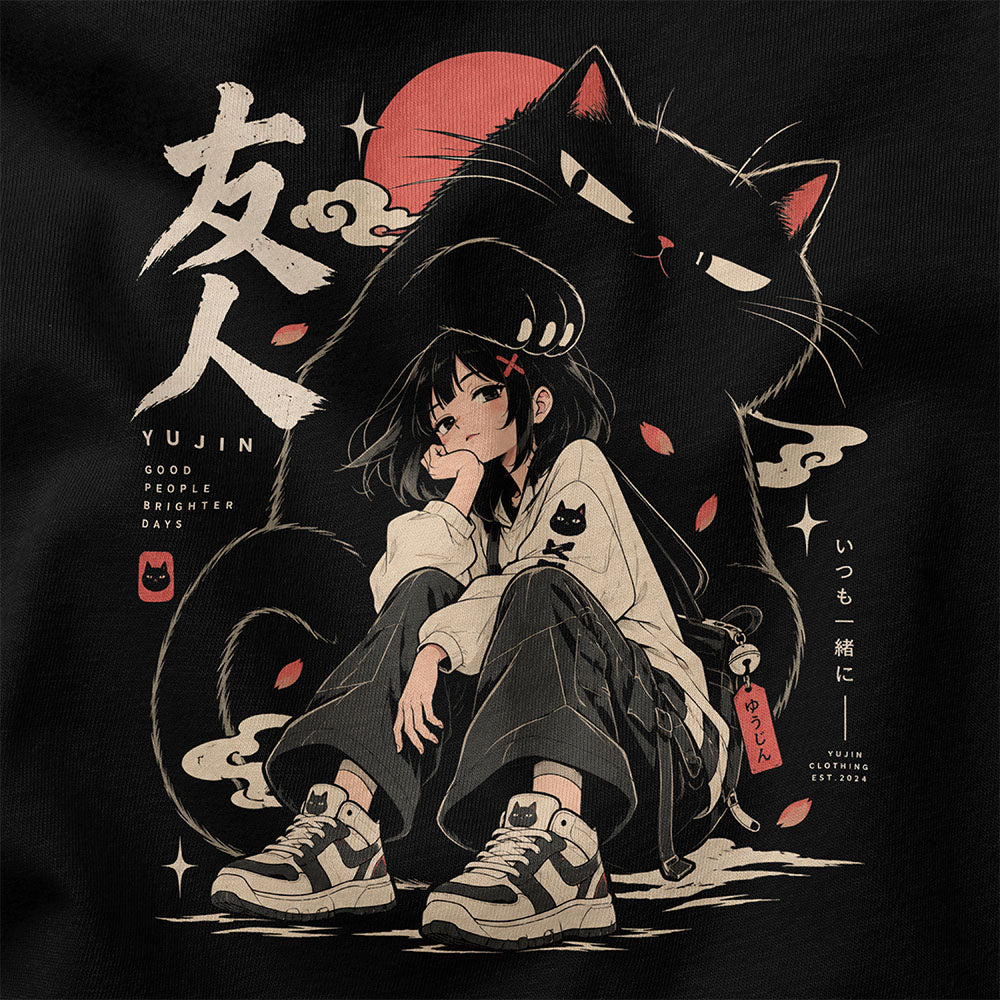 Close-up of Brighter Days Cat T-Shirt artwork on Black