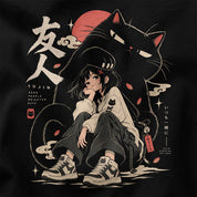 Close-up of Brighter Days Cat T-Shirt artwork on Black