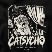 Close-up of Catsycho Cat T-Shirt artwork on Black