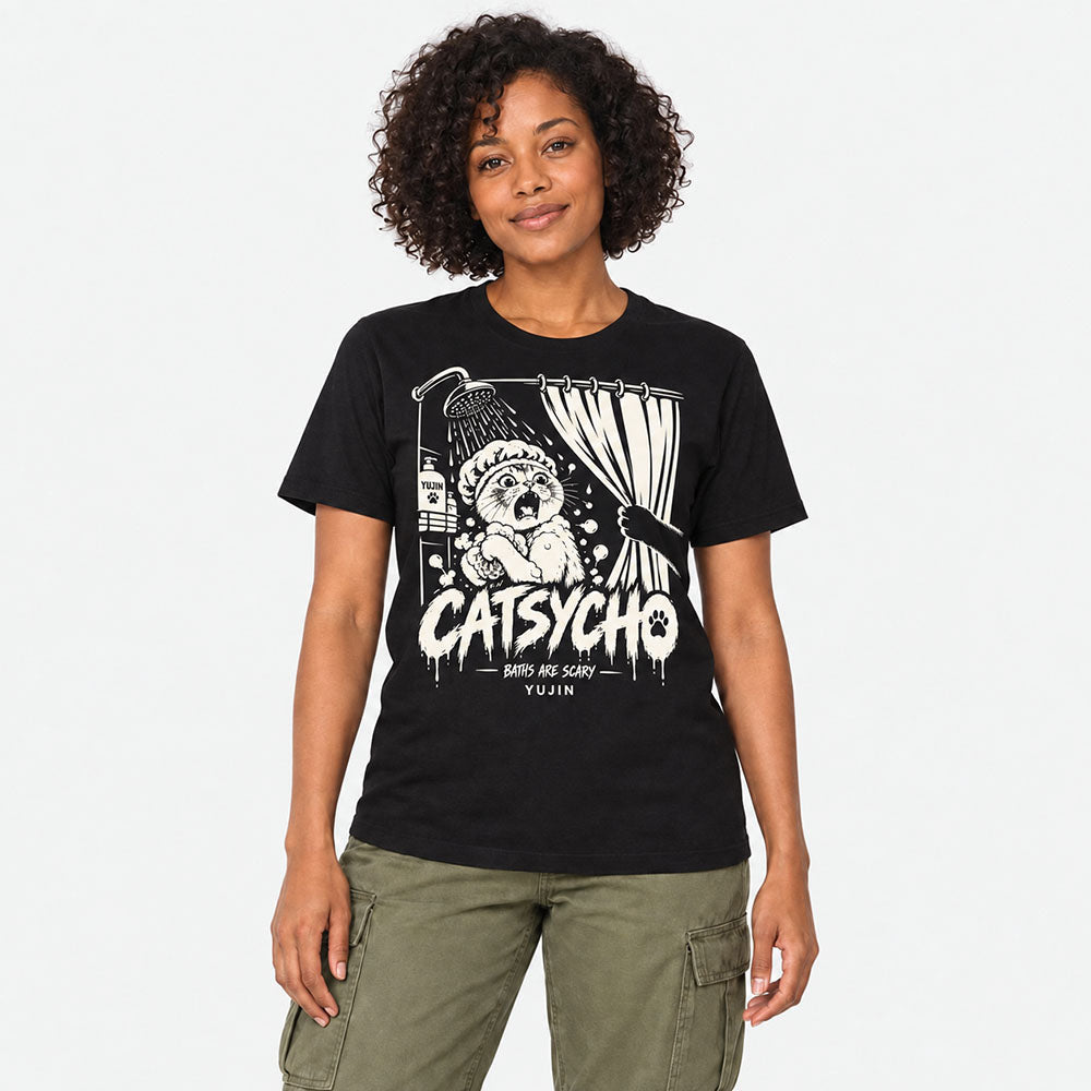 Female model wearing Catsycho Cat T-Shirt in Black