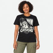 Female model wearing Catsycho Cat T-Shirt in Black
