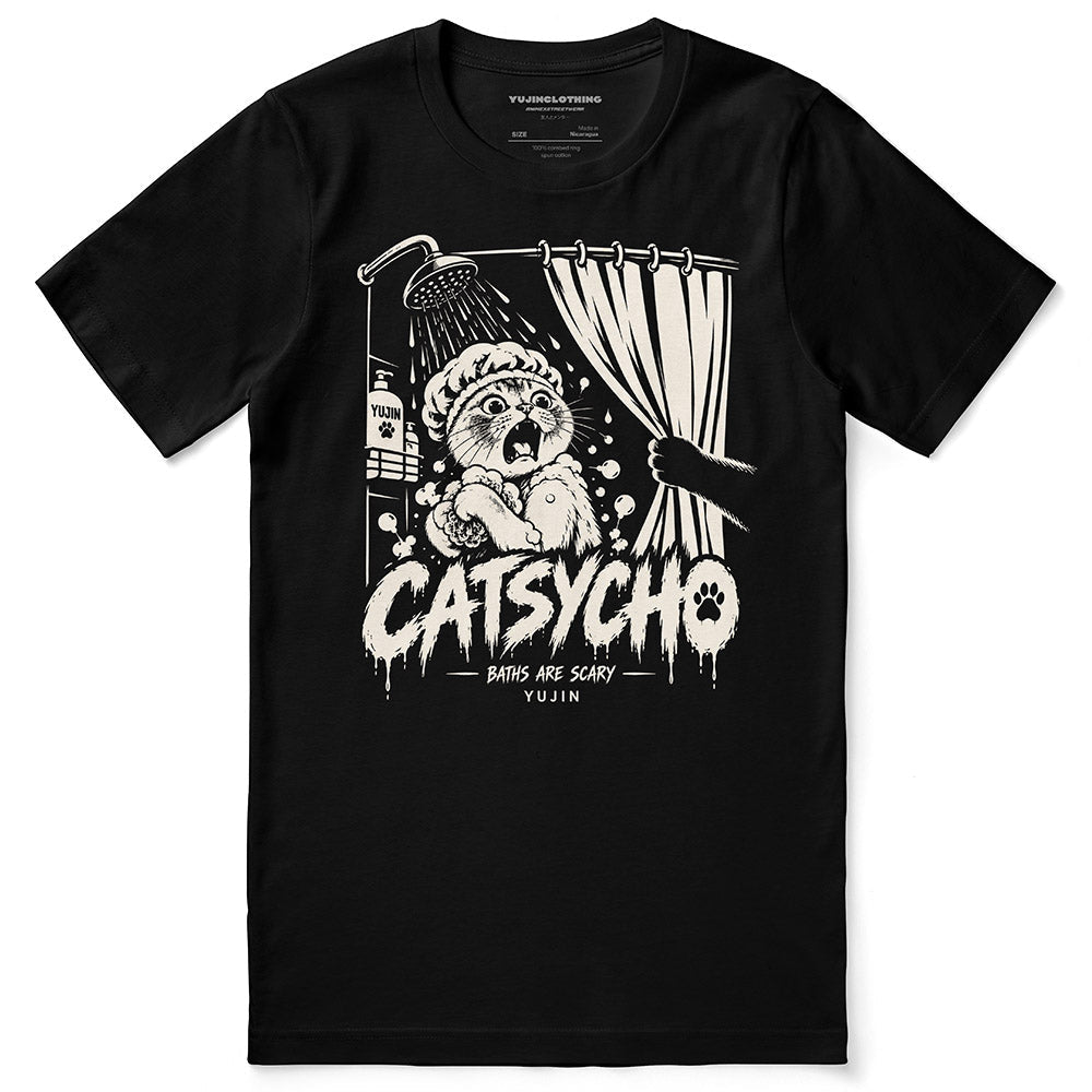 Catsycho Cat T-Shirt in Black - front flat lay