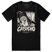 Catsycho Cat T-Shirt in Black - front flat lay