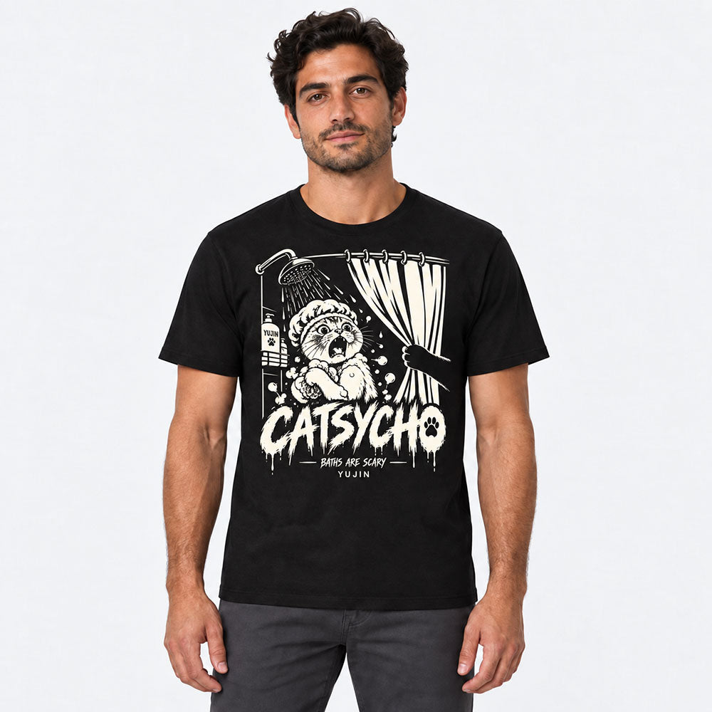 Male model wearing Catsycho Cat T-Shirt in Black