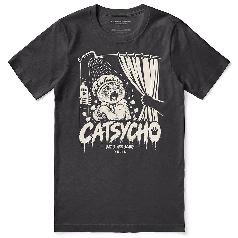 Catsycho Cat T-Shirt in Dark Grey - front flat lay