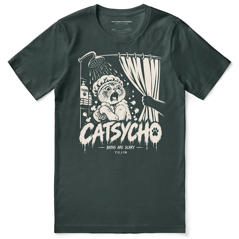 Catsycho Cat T-Shirt in Forest - front flat lay