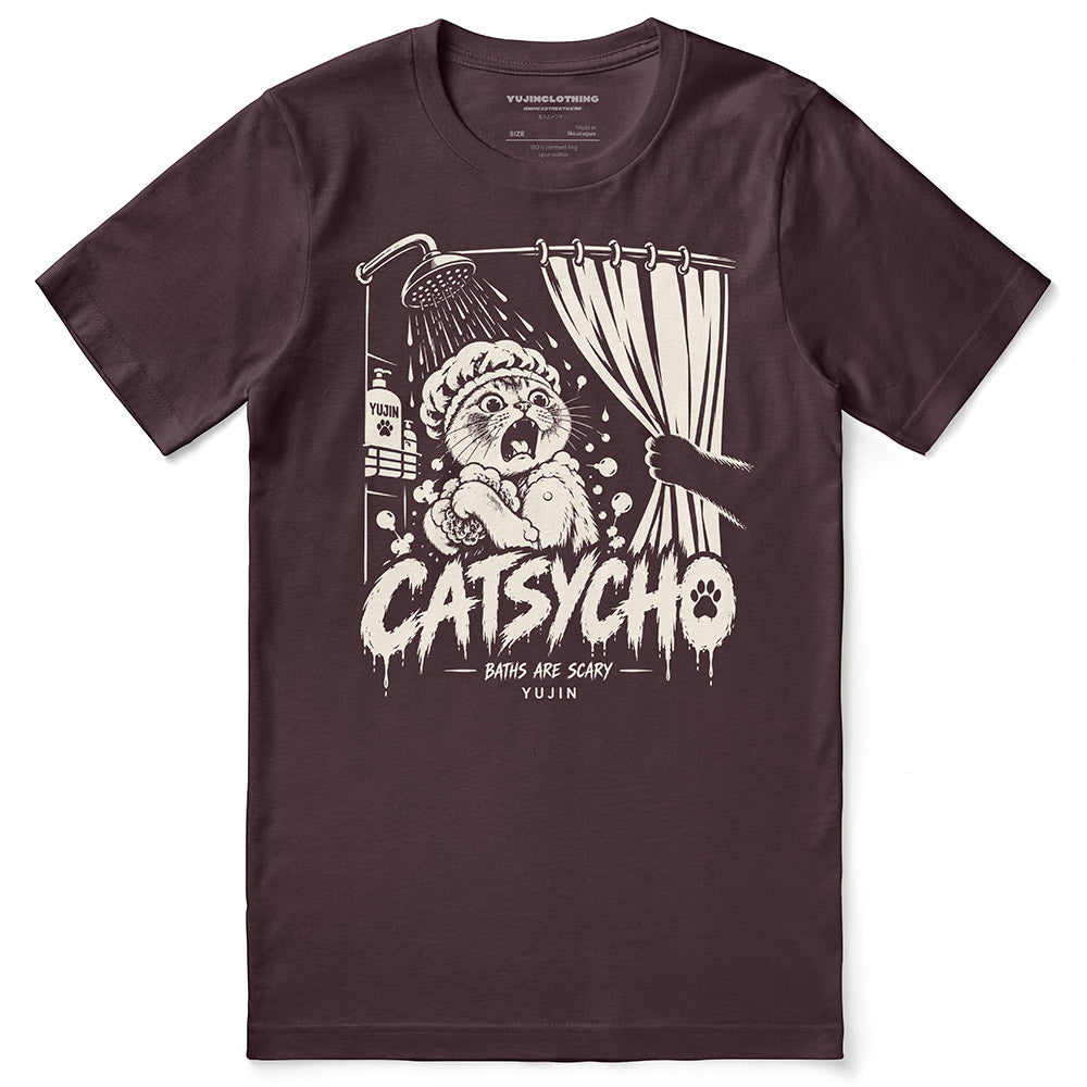 Catsycho Cat T-Shirt in Maroon - front flat lay