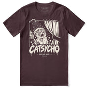 Catsycho Cat T-Shirt in Maroon - front flat lay