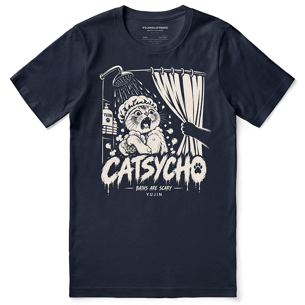 Catsycho Cat T-Shirt in Navy - front flat lay