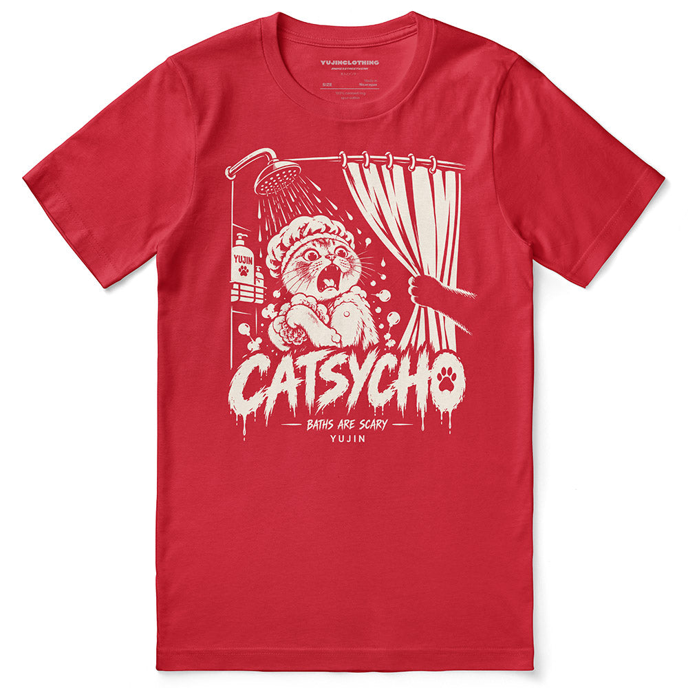 Catsycho Cat T-Shirt in Red - front flat lay